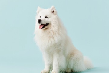 Fototapeta premium The White Samoyed Gracefully Posed in Pastel Blue Studio Backdrop with Joyful Expression