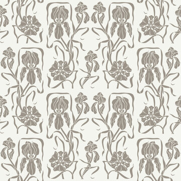 Art nouveau style hand drawn silhouette iris flowers seamless pattern