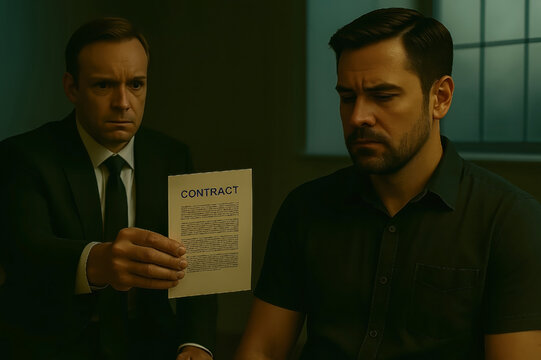 A stern business man presents a contract to a reluctant man, creating a tense moment that highlights the gravity of the agreement. The dark environment adds to the sense of drama