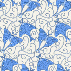 Fototapeta premium Art Nouveau monochrome blue seamless pattern with Luna moths and elegant curves