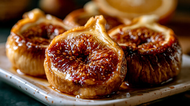 Fresh caramelized fig slices topped with honey glaze on a plate delicious vegetarian culinary