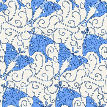Art Nouveau monochrome blue seamless pattern with Luna moths and elegant curves