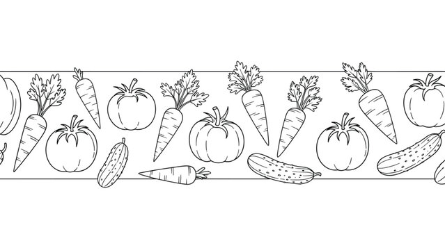 Continuous border of hand drawn vegetable outlines including tomatoes, carrots, and cucumbers for kitchen decor and healthy eating themes.