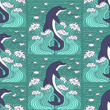 Dolphin jumping from sea waves seamless pattern vector illustration. Hand drawn ocean repeat background