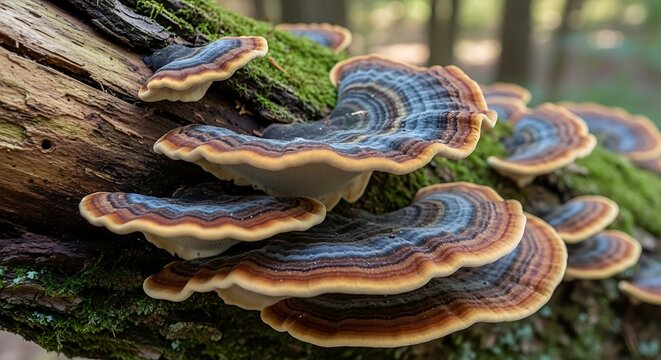 Colorful bracket fungi growing on a moss-covered log in a forest setting, bokeh background