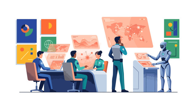 Futuristic command center with analysts and AI robot monitoring global data