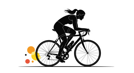 Fototapeta premium Silhouette of a female athlete riding a road bicycle at high speed with colorful abstract circles in the background.