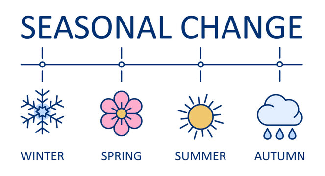 Four seasons banner infographic. Editable stroke vector line set. Seasonal change concept with spring summer autumn winter. Weather timeline including flower sun and rain cloud snowflake.