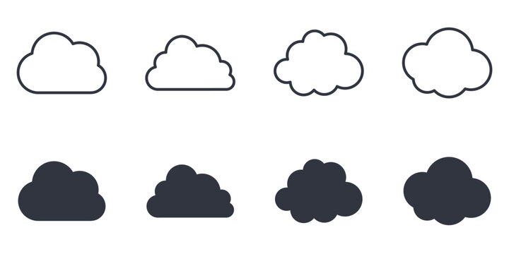 Vector cloud shape icons. Editable stroke outline thin line and black solid set. Various cloud symbols for weather, cloud computing, internet, data storage and connection. Isolated on white background