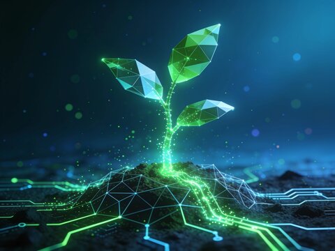 futuristic digital plant growing from cyber electronic circuit board