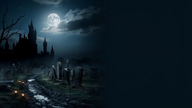 Gothic castle and graveyard scene under a full moon dark and atmospheric