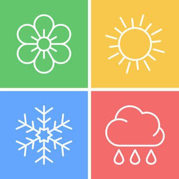 Four seasons colorful weather icons. White line symbols on colored backgrounds. Editable stroke vector illustration. Summer, autumn, winter and spring concept with sun rain cloud snowflake and flower.