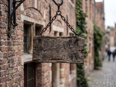 Weathered Wooden Hanging Sign Board Mockup on Metal Chains