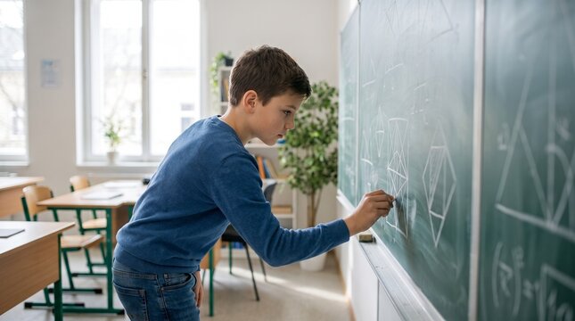 Focused boy writing on chalkboard with concentration in classroom
