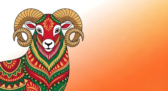 Colorful, detailed ram illustration on gradient background, showcasing ornate patterns