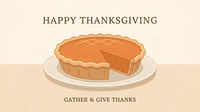  A minimalist Thanksgiving banner design, featuring a simple flat vector illustration of a whole pumpkin pie with one slice removed, placed on a minimalist plate