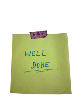 Well done written on a green sticky note with red tape