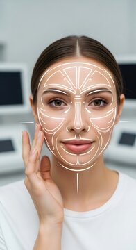 A woman with brown hair showing facial mapping for beauty treatment. Biometric facial recognition and scanning for plastic surgery or cosmetology concept.