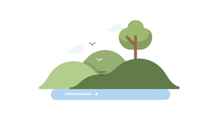 Green hills with tree and birds illustration. © Ambro Coknald