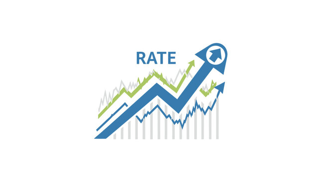 Rising stock market rate graph with upward trend arrow.