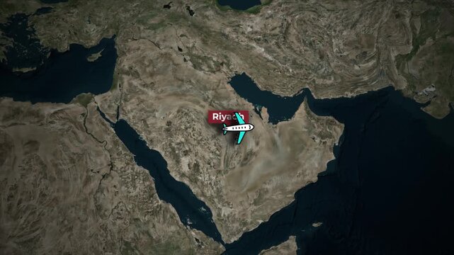 Flight route animation from Riyadh to Mumbai on Satellite Map Background