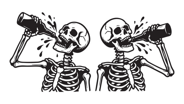 Humorous Skeleton Characters Drinking Alcohol from Bottles Illustration