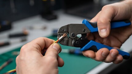 Fototapeta premium Professional technician using crimping pliers to secure metal ferrule onto multicolored electrical wire