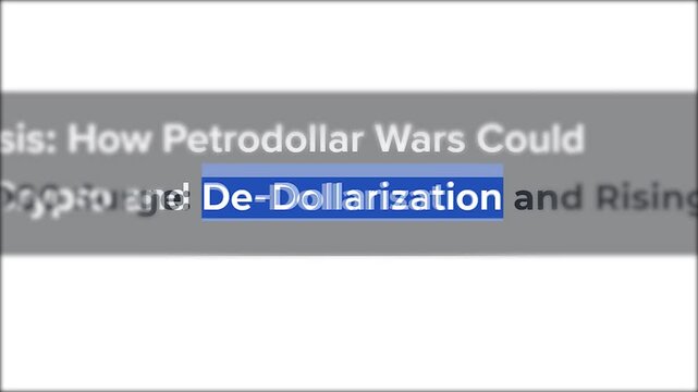Close up of various online financial news articles and website headlines discussing de-dollarisation, the moving away from the US dollar, and international trade policy changes