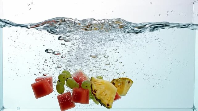 Fresh cut watermelon pineapple and grapes falling into clear water with splash on white background