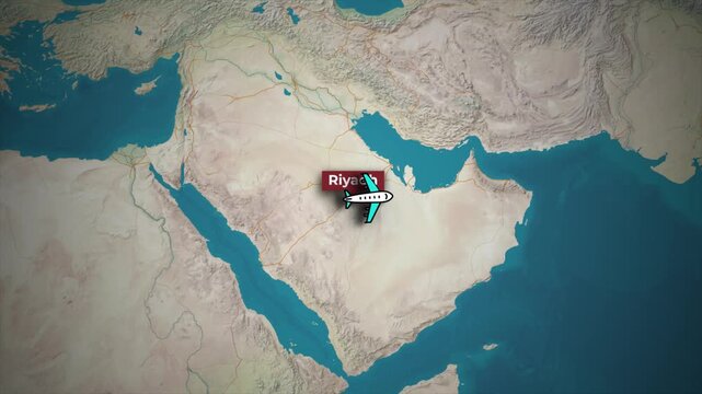 Riyadh to Mumbai Flight Route Animation on 3D Topographic Map