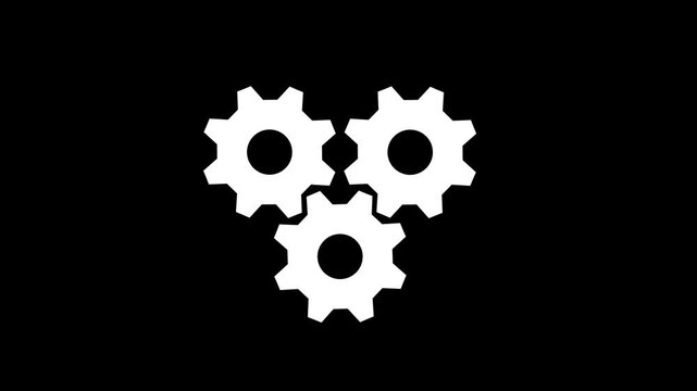 3 white gears spinning. Gears rotating animation. White color gear icon .abstract black background