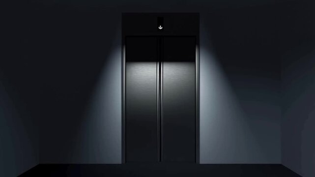 Amidst the dimly lit, minimalist atmosphere, the automatic elevator doors opening and closing appeared to be the focal point within the darkness.