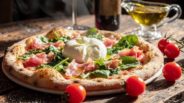 Gourmet pizza with burrata cheese and prosciutto ham.