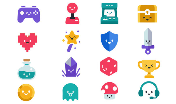 Cute cartoon gaming flat color icon and sticker set. Vector collection of funny colorful video game emojis like gamepad, pixel heart, magic wand, crystal, dice, and arcade cabinet on white background.