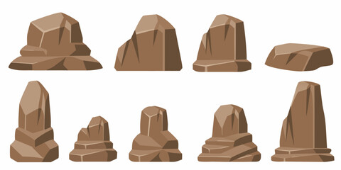Cartoon Style Brown Rocks Collection On White Background © Etika