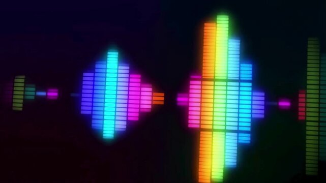 This digital equalizer visualization displays a series of glowing vertical bars stretching horizontally against a pitch-black background, creating a visual representation.