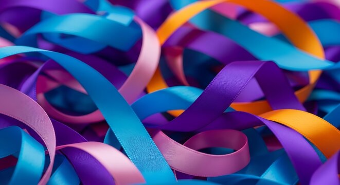 Colorful ribbons, intertwined, curled, and layered creating an abstract, vibrant design