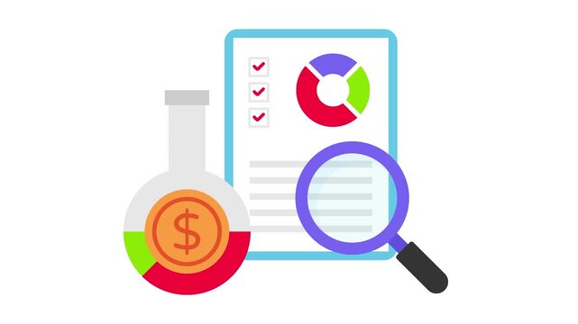 Liquidity analysis Report animation, magnifying glass with flask animated video, Business Finance clip, Treasury and Capital Budget footage, Financial Planning and Control motion graphics