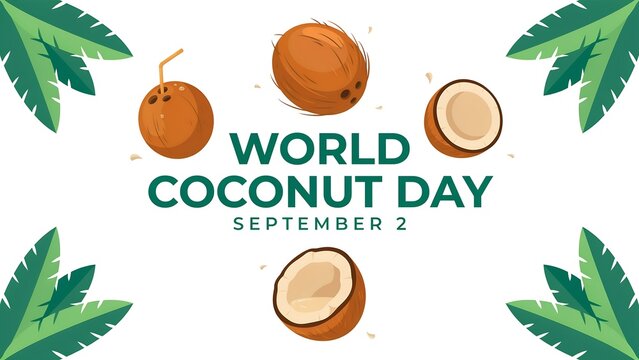 World coconut day design with whole coconuts and leaves border tropical agriculture vegetarian nutrition