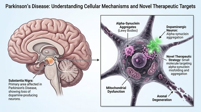Parkinson's disease brain neuron damage illustration. Medical 3D rendering of dopamine neuron degeneration in human brain.