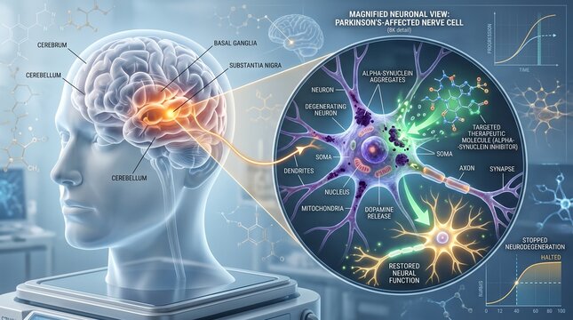 3D medical illustration of brain neurons and Parkinson's disease research. Digital neural network concept with glowing synapses and neurological di...