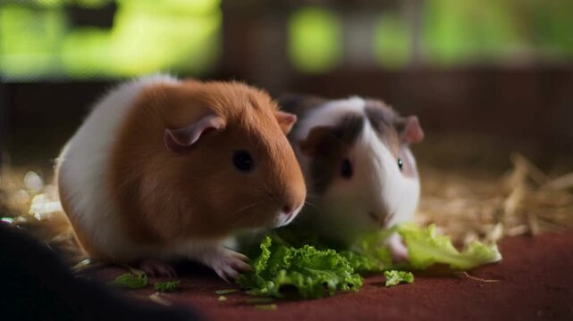 Two guinea pigs are seen from the side, happily munching on fresh green lettuce leaves on a red surface.