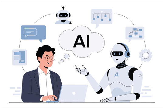 AI robot and laptop worker illustration showing artificial intelligence collaboration, digital innovation, smart assistant technology, productivity, and futuristic office concept, vector, designs