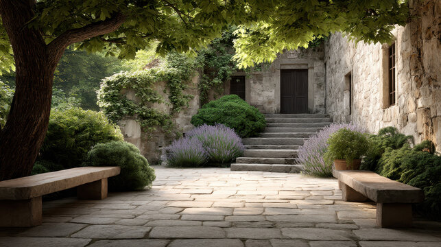 Quiet Inner Courtyard with Stone Benches and Lavender