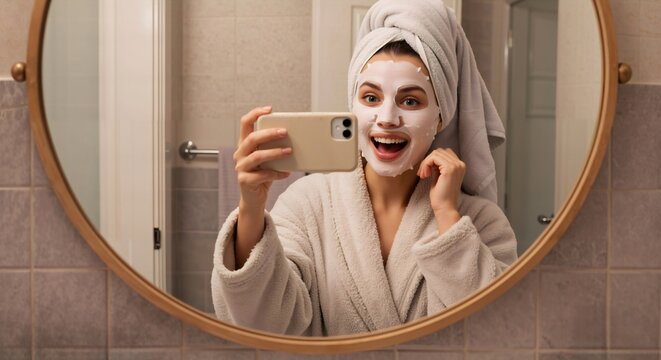 Woman with a cosmetic face mask and towel on her head takes a selfie in the bathroom mirror, showing self-care and beauty routine content.