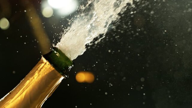 Super Slow Motion of Champagne Explosion with Camera Motion. Filmed on High Speed Cinema Camera, 1000fps.