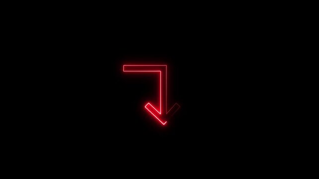 Glowing red neon corner down arrow animation video icon on black background, loop-able motion graphic symbol for direction, decrease, decline, navigation, and website interface.