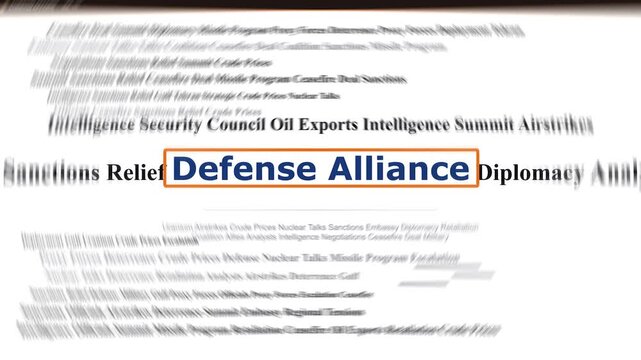 Defense alliance news background featuring animated kinetic typography text motion graphic video with a highlighted headline scrolling through global military security international politics strategy 