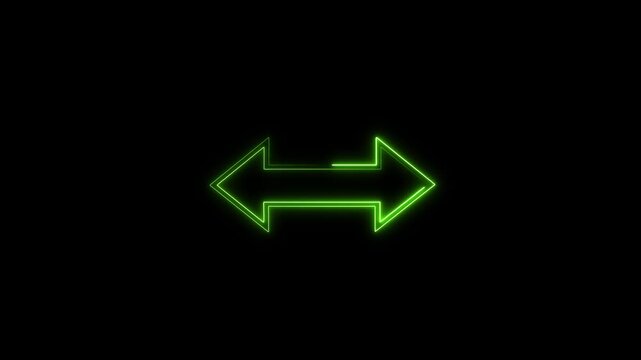 Animated green neon double headed horizontal arrow icon on dark background, loop-able motion graphic video for direction, width, exchange, horizontal movement, and modern UI.