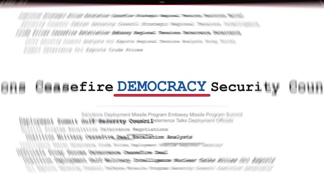 Democracy news background featuring animated kinetic typography text motion graphic video with a highlighted blue headline scrolling through global government politics election freedom vote constituti